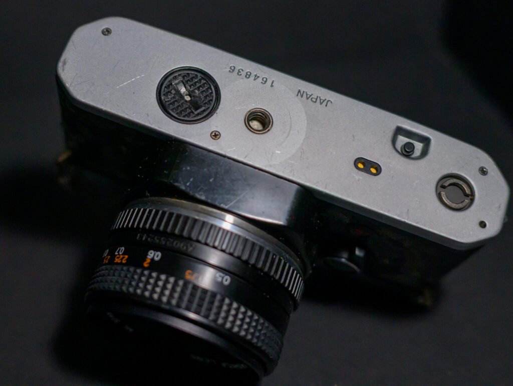 Yashica FX-D camera bottom view.