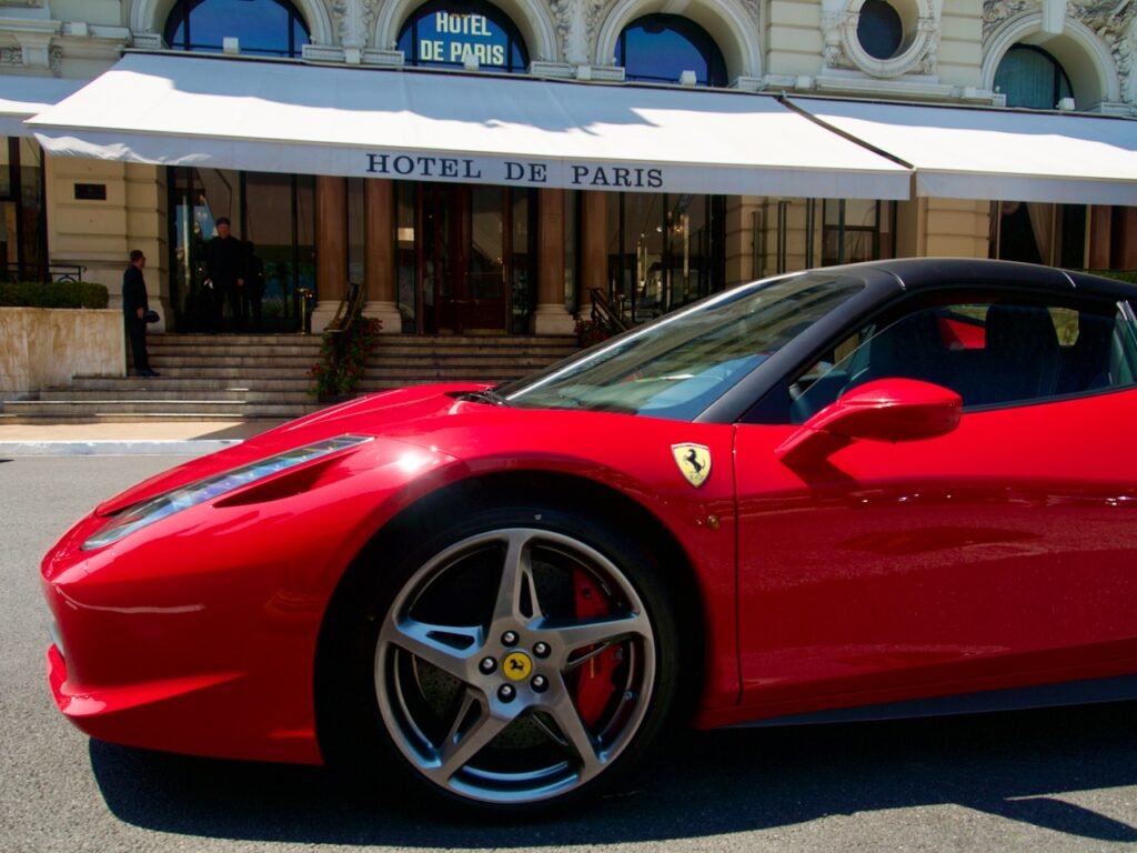 A Ferrari 458 in front of the Hotel De Paris, Monaco