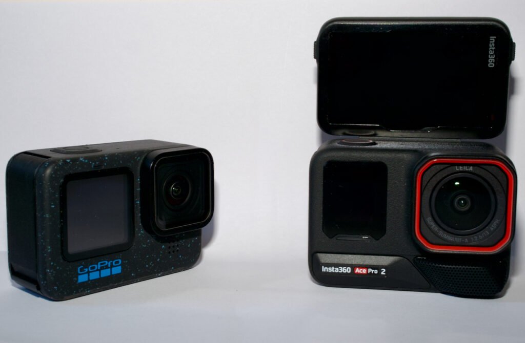 GoPro Hero 12 and Insta360 Ace Pro 2, with the latter showing the flip screen